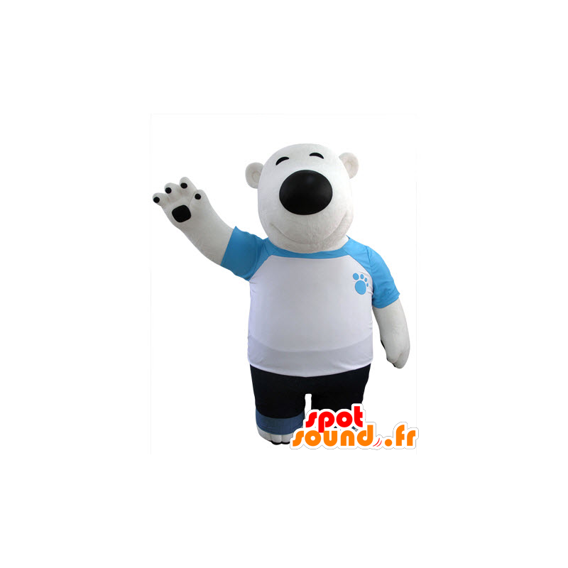 Polar Bear mascotte e nero, vestito di blu e bianco - MASFR031427 - Mascotte orso