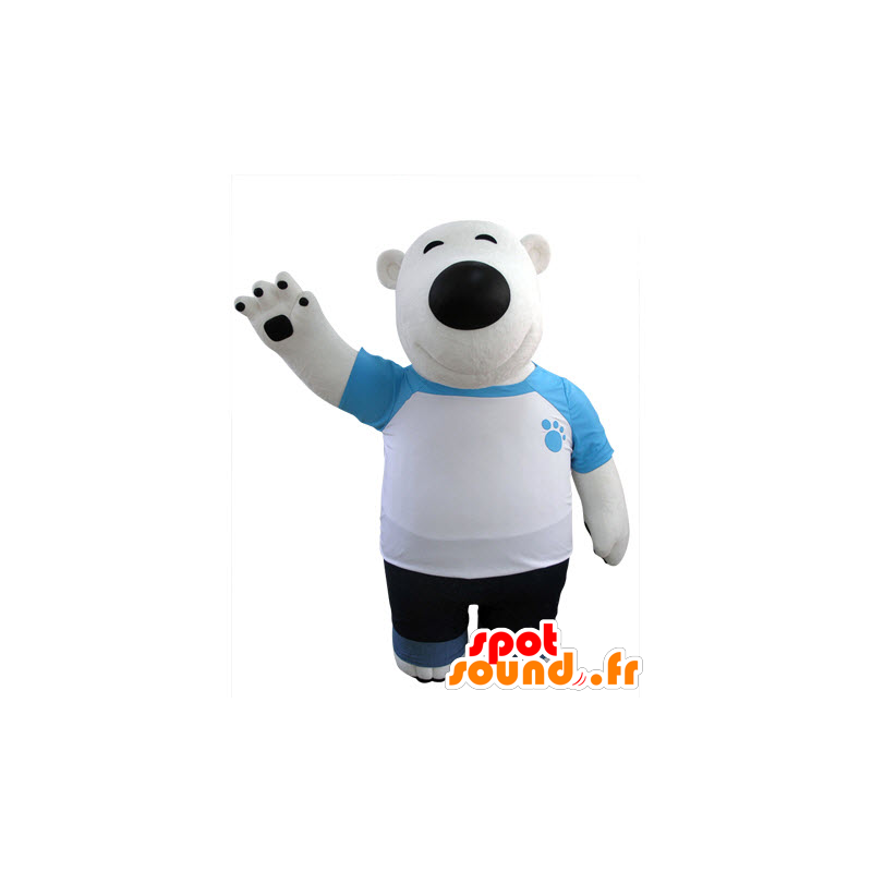 Isbjørnemaskot og sort, klædt i blå og hvid - Spotsound maskot