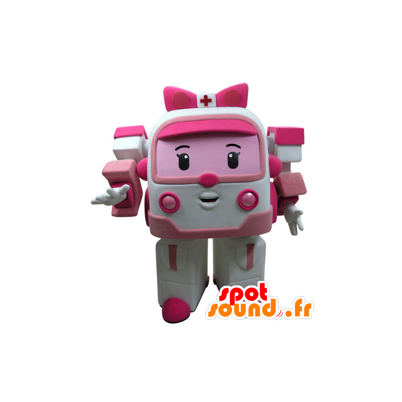 Mascotte d'ambulance blanche et rose, de jouet façon Transformers - MASFR031434 - Mascottes d'objets