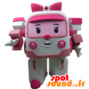 Mascot vit och rosa ambulans, leksak sätt transformatorer -