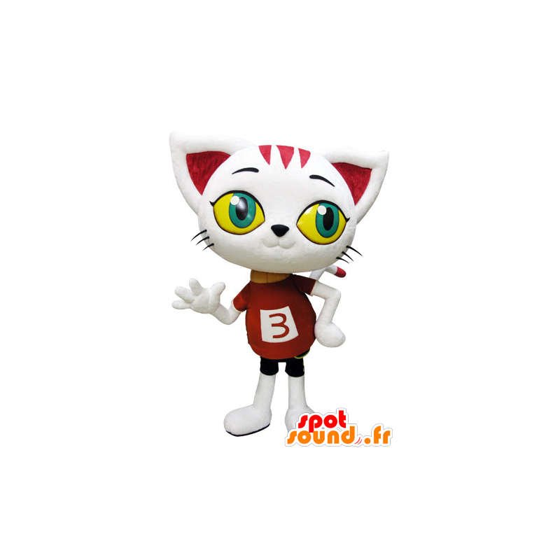 Witte kat mascotte, een reus met grote ogen - MASFR031439 - Cat Mascottes