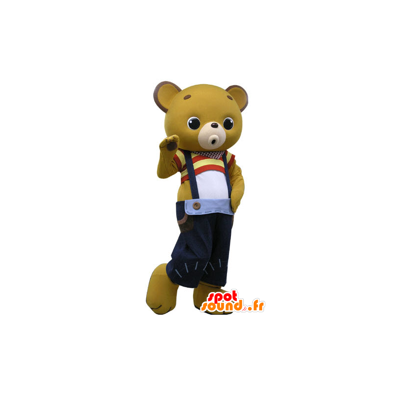 Yellow teddy mascot with blue overalls - MASFR031445 - Bear mascot