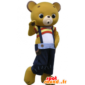 Yellow teddy mascot with blue overalls - MASFR031445 - Bear mascot