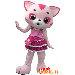 Mascote gato cor de rosa e branco, com um vestido bonito - MASFR031446 - Mascotes gato