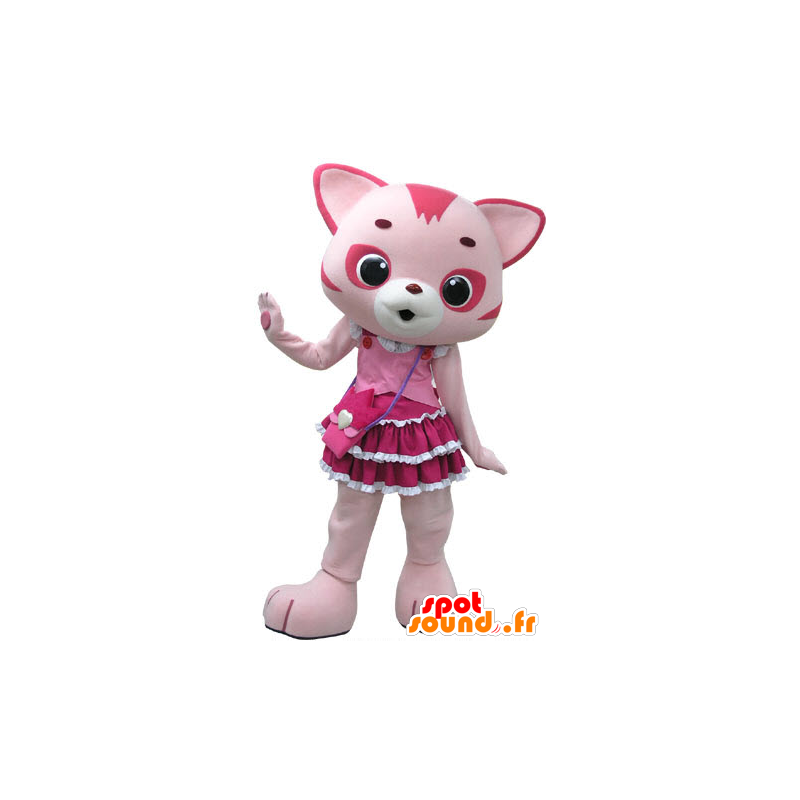 Ροζ και λευκό μασκότ γάτα, με ένα όμορφο φόρεμα - MASFR031446 - Γάτα Μασκότ