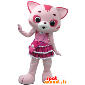 Rosa und weiße Katze Maskottchen, mit einem hübschen Kleid - MASFR031446 - Katze-Maskottchen