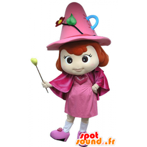 Mascotte de fée rose, avec un chapeau et une baguette - MASFR031460 - Mascottes Fée