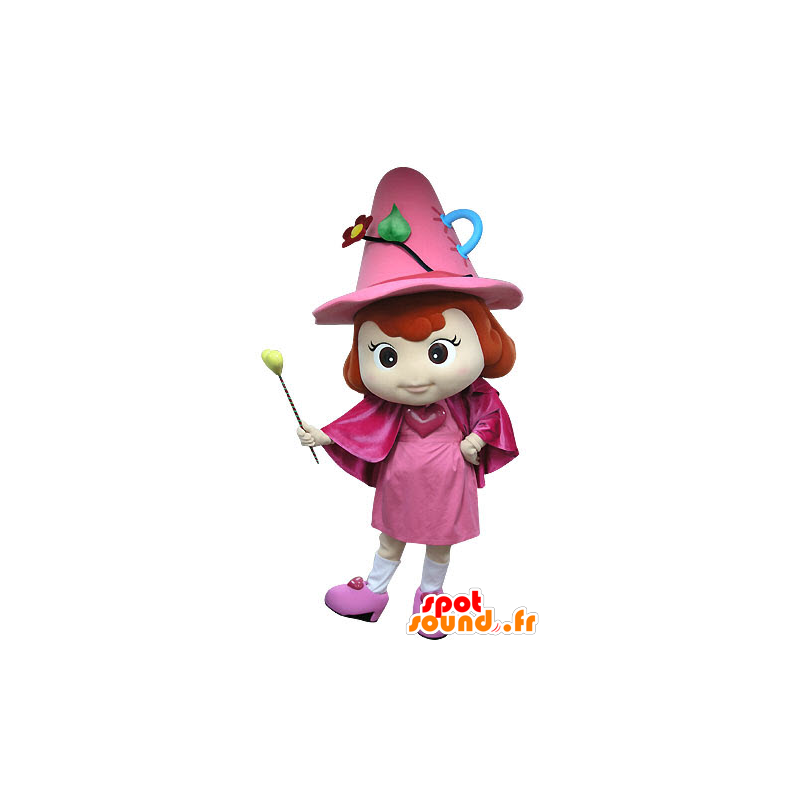 Rosa fe maskot, med hatt och trollstav - Spotsound maskot