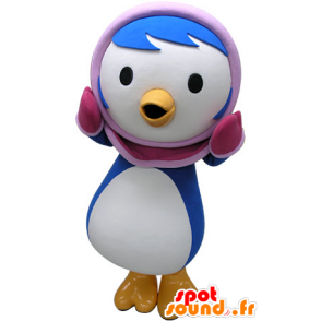 Azul y blanco de la mascota del pingüino con una capucha de color rosa - MASFR031467 - Mascotas de pingüino