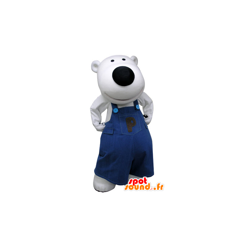 Isbjörnmaskot, klädd i blå overaller - Spotsound maskot