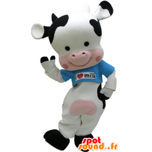 Black cow mascot, pink and white with a blue shirt - MASFR031474 - Mascot cow