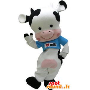 Czarna krowa maskotka, różowy i biały z niebieską koszulę - MASFR031474 - Maskotki krowa