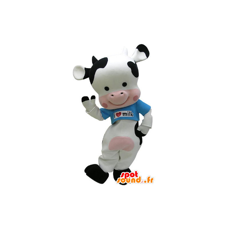 Vaca mascote preto, rosa e branco com uma camisa azul - MASFR031474 - Mascotes vaca