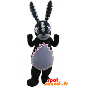 Zwart en grijs konijn mascotte met kleurrijke patronen - MASFR031480 - Mascot konijnen