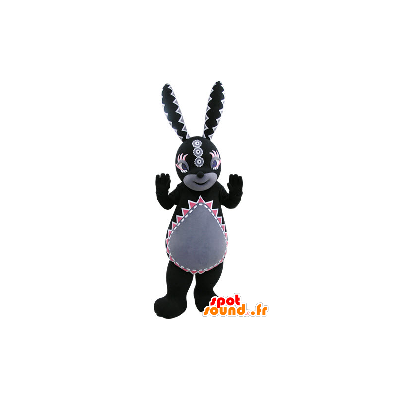 Schwarz und grau Kaninchen Maskottchen mit bunten Mustern - MASFR031480 - Hase Maskottchen