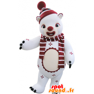 Blanco y rojo de la mascota de peluche en traje de invierno - MASFR031481 - Oso mascota