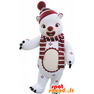 Mascotte de nounours blanc et rouge en tenue d'hiver - MASFR031481 - Mascotte d'ours