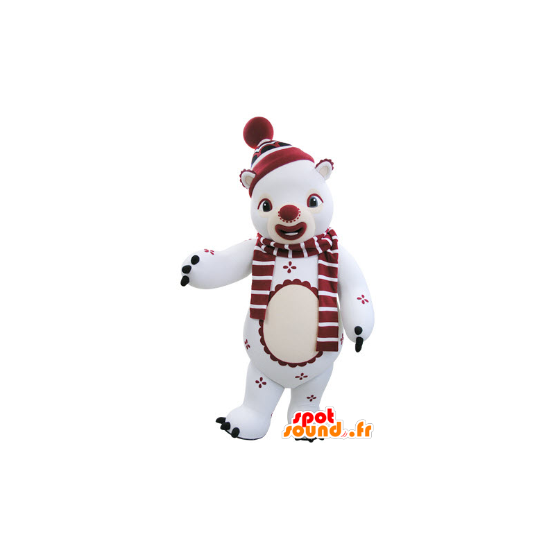 White and red teddy mascot in winter outfit - MASFR031481 - Bear mascot