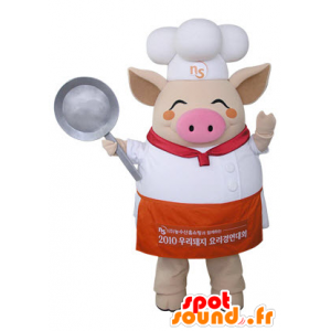 Mascote porco bege vestido como um cozinheiro chefe - MASFR031486 - mascotes porco