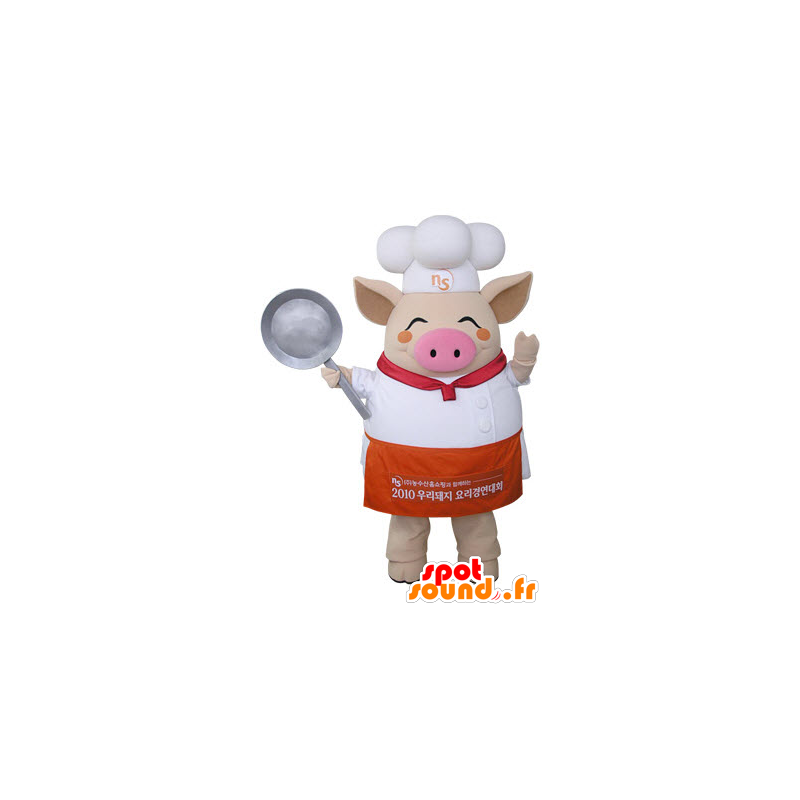 Mascotte de cochon beige habillé en chef cuisinier - MASFR031486 - Mascottes Cochon