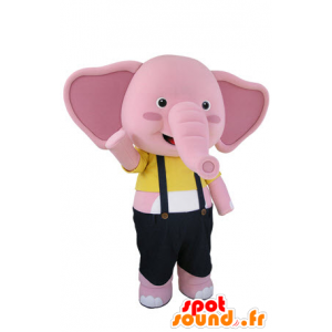 Mascot roze en witte olifant met overalls - MASFR031501 - Elephant Mascot