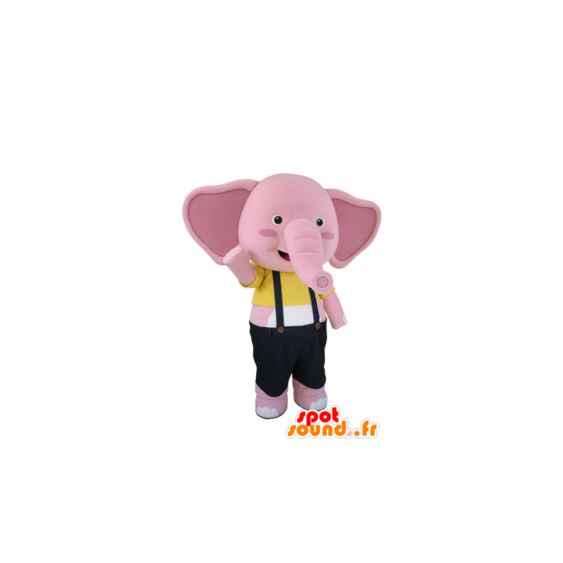 Mascot of pink and white elephant with overalls - MASFR031501 - Elephant mascots