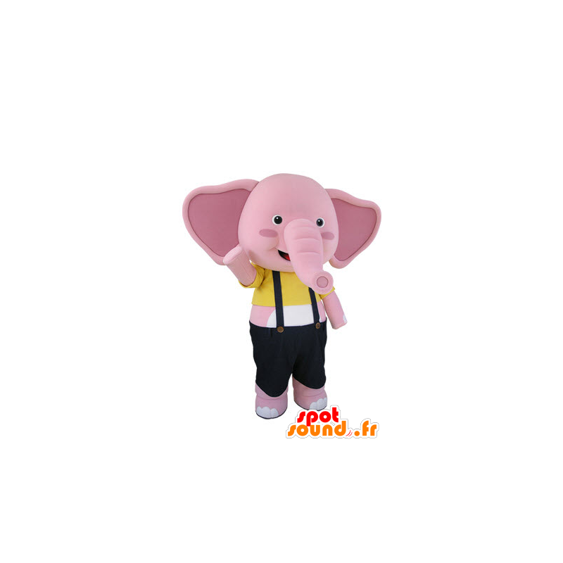 Mascotte d'éléphant rose et blanc, avec une salopette - MASFR031501 - Mascottes Elephant