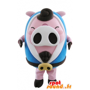 Rosa e branco mascote porco, gordo, com um roupão de banho azul - MASFR031505 - mascotes porco