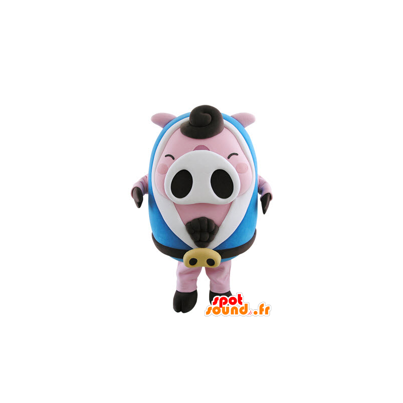 Mascotte rosa e bianco di maiale, grassoccia con un accappatoio blu - MASFR031505 - Maiale mascotte