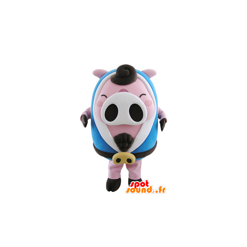 Rosa und weißen Schwein Maskottchen, prall mit einem blauen Bademantel - MASFR031505 - Maskottchen Schwein