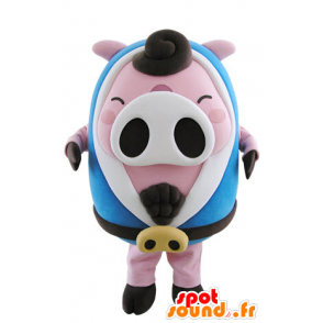 Rosa und weißen Schwein Maskottchen, prall mit einem blauen Bademantel - MASFR031505 - Maskottchen Schwein