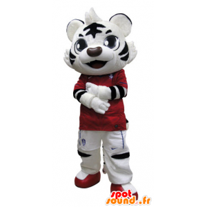 In bianco e nero di tigre mascotte vestito di rosso - MASFR031510 - Mascotte tigre