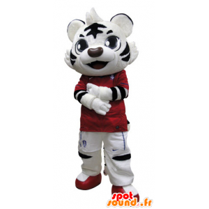Sort og hvid tiger maskot klædt i rødt - Spotsound maskot