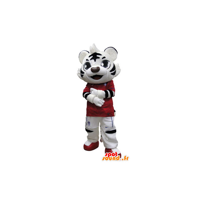 In bianco e nero di tigre mascotte vestito di rosso - MASFR031510 - Mascotte tigre