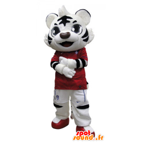 Svart och vit tigermaskot klädd i rött - Spotsound maskot