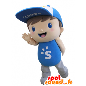 Barnklädd i blått med ett lock - Spotsound maskot
