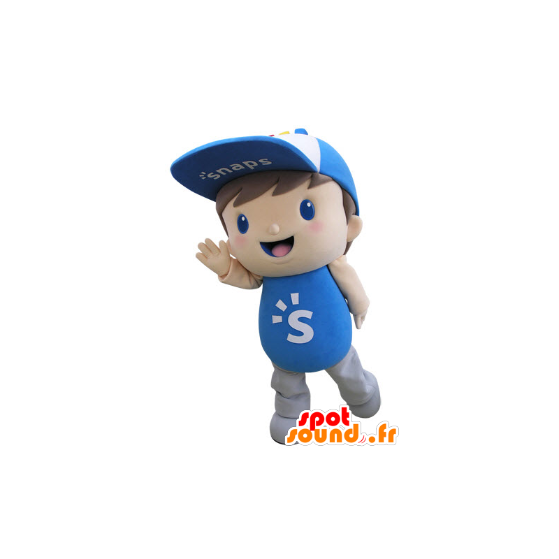 Mascotte gekleed in blauwe kind met een dop - MASFR031518 - mascottes Child