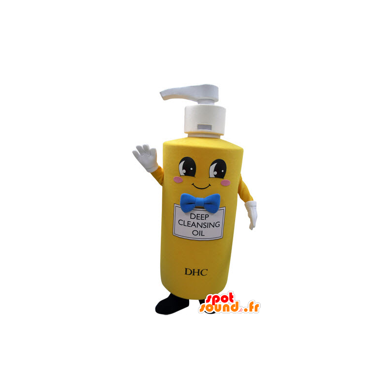 Keltainen pullo maskotti saippualla. saippua maskotti - MASFR031521 - Mascottes d'objets