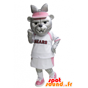 Mascotte d'ours gris en tenue de tennis rose et blanc - MASFR031528 - Mascotte d'ours