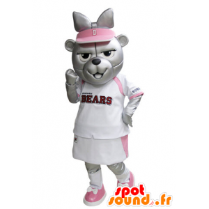 Grå bjørnemaskot i lyserød og hvid tennistøj - Spotsound maskot