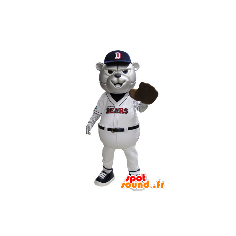 Mascotte d'ours gris en tenue de baseball bleu et blanc - MASFR031529 - Mascotte d'ours