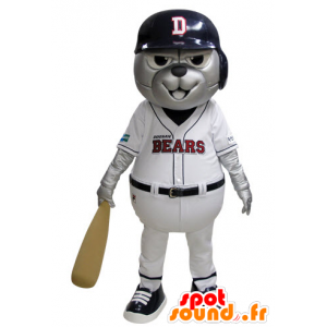 Grå björnmaskot i blå och vit baseballdräkt - Spotsound maskot
