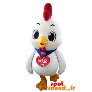 Kyllingemaskot, hvid og rød hane, kæmpe - Spotsound maskot