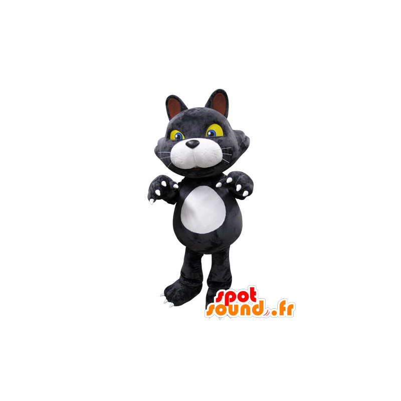 Gato cinzento e branco com olhos amarelos Mascot - MASFR031555 - Mascotes gato