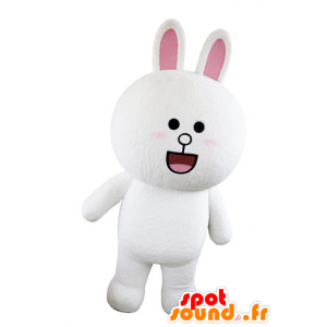 Mascot weiß und rosa Hase, prall und rund in Erstaunen - MASFR031565 - Hase Maskottchen