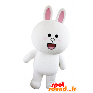 Mascot white and pink bunny, plump and round in astonishment - MASFR031565 - Rabbit mascot