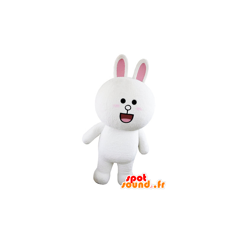 Mascot white and pink bunny, plump and round in astonishment - MASFR031565 - Rabbit mascot