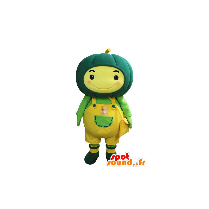 Yellow snowman mascot with a green pumpkin on head - MASFR031567 - Human mascots