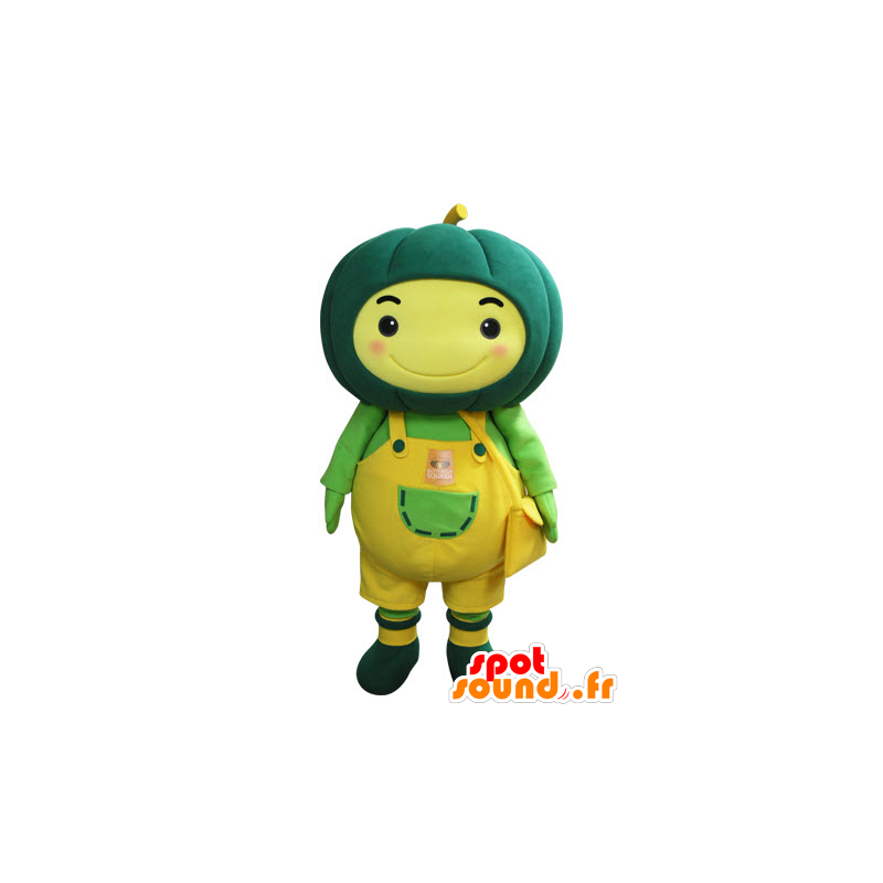 Mascote boneco amarelo com uma abóbora verde na cabeça - MASFR031567 - Mascotes homem