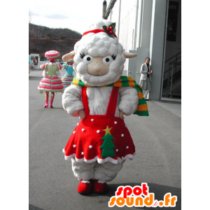 White sheep mascot dressed in a red Christmas dress - MASFR031577 - Mascots sheep